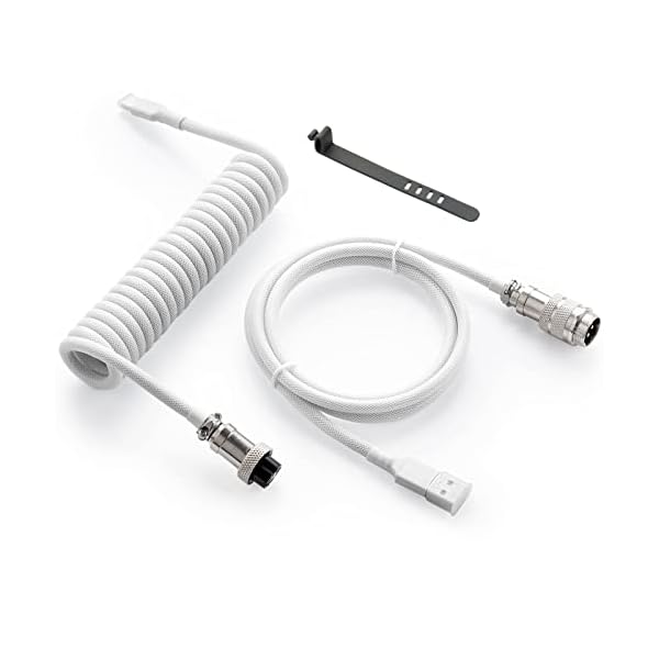 GUNMJO Pro Custom Coiled USB C Cable for Gaming Keyboard, Double-Sleeved Mechanical Keyboard Cable with Detachable Metal Aviator, 1.5M USB-C to USB-A, White Color