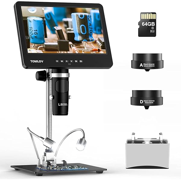 TOMLOV TriL110 3-Lens Digital Microscope: 10.1" 2500X 2K HDMI Coin Microscope Magnifier for Whole Coin View with IPS Screen, LCD Soldering Microscopes for Adults, 14 LED Lights, PC/TV Compatible, 64GB