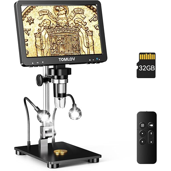TOMLOV DM9 Pro Digital Microscope: 16MP 7" 1200X HD IPS HDMI Coin Microscope Magnifier for Full Coin View with Screen, 1080P LCD Soldering Microscopes for Adults with 10 LED Lights, PC/TV View, 32GB