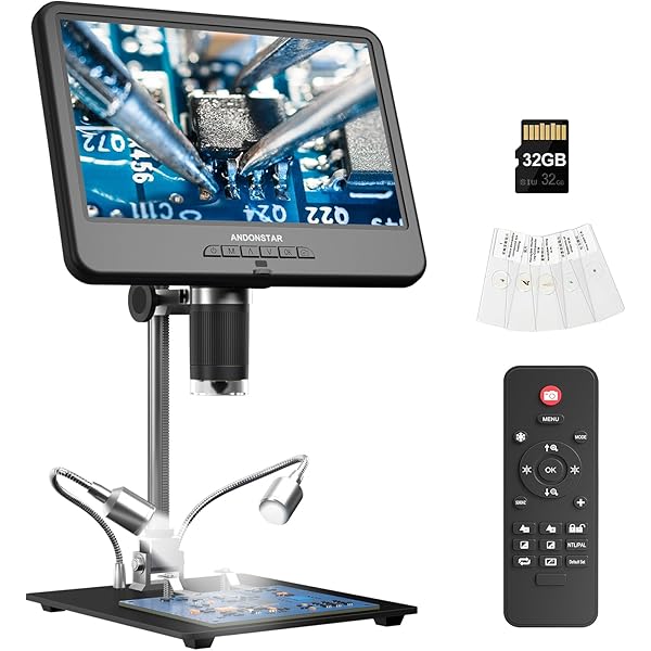 Andonstar AD210 10.1 Inch LCD Digital Microscope for Adults, Soldering Microscope for Electronics Repair, Coin Microscope Camera Full View for Error Coins with Light, Biological Slides Kit, 32G Card