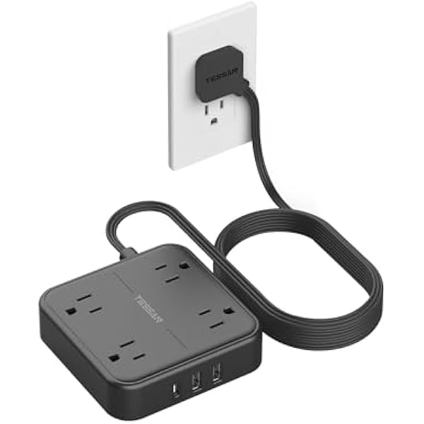 Flat Extension Cord 10 ft, TESSAN Ultra Thin Power Strip, Black Extension Cord with 3 USB Wall Charger(1 USB C Port), 4 Widely Spaced Outlets Compact for Home, Office, Cruise Ship Essentials