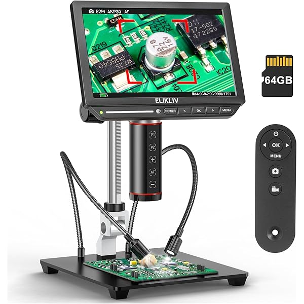 Elikliv Autofocus 4K Digital Microscope EM4K-AF, 52MP Soldering Microscope for PCB Repair, Coin Inspection & Watchmaking, 2000X Magnifier Scope, 8" IPS Screen, HDMI/USB Output, 10" Stand, 64GB Card