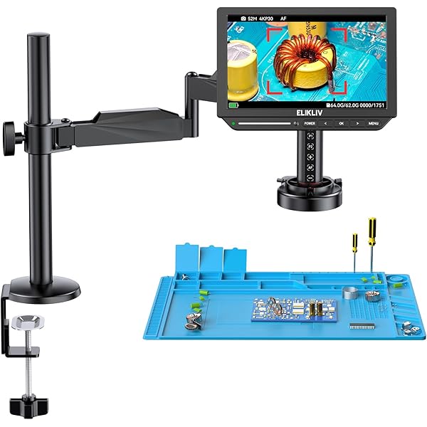 Elikliv Autofocus 4K HDMI Digital Microscope, EM4K-AF Flex Arm Soldering Microscope for Adults, 10.1" Coin Microscope with Ring Light, 52MP LCD Microscopes with Screen, Electronics Repair Mat, 64G