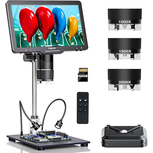 TOMLOV TriL110 3-Lens Digital Microscope: 10.1" 2500X 2K HDMI Coin Microscope Magnifier for Whole Coin View with IPS Screen, LCD Soldering Microscopes for Adults, 14 LED Lights, PC/TV Compatible, 64GB
