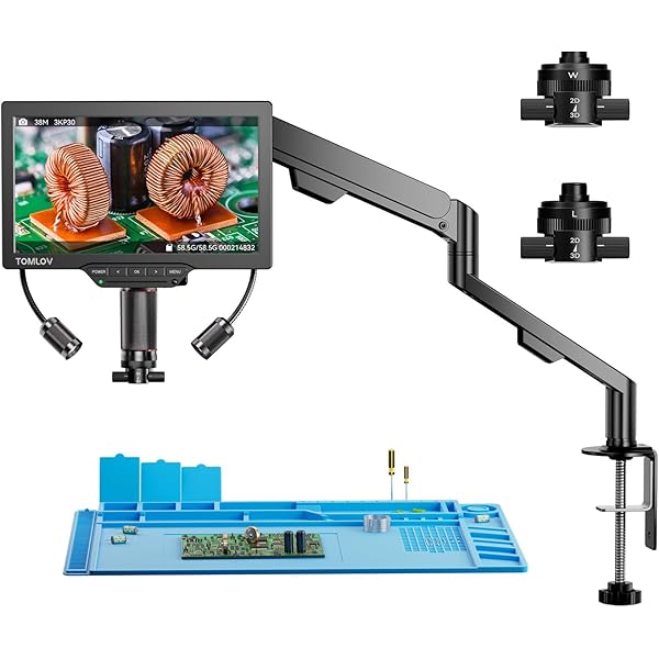 TOMLOV 3D Digital Microscope for Soldering: Magnetic Dual Lens Micro Scope TM3K-3D for Adult, Coin Microscope with Flex Arm, 3K 7-Inch IPS Screen, HDMI/USB Output, Gooseneck Light, Repair Mat, 64GB