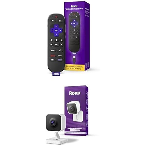 Bundle of Roku Voice Remote Pro | Rechargeable TV Remote Control with Hands-Free Voice Controls + Roku New Outdoor Camera - Home Security - IP65 Weather Resistant Wired Security Camera with 1080p HD