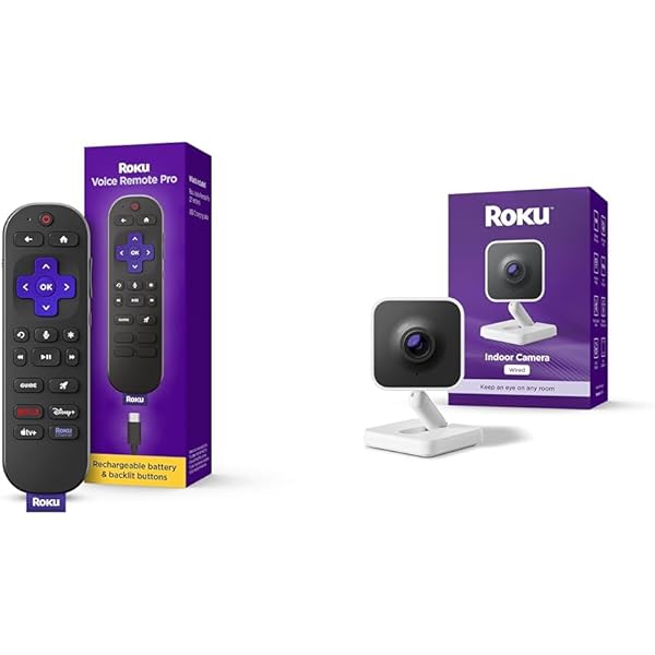 Bundle of Roku Voice Remote Pro (2nd Ed.) | Rechargeable TV Remote Control with Hands-Free Voice Controls + Roku New Indoor Camera 2024 - Home Security - 1-Pack - Wired Security Camera with 1080p HD