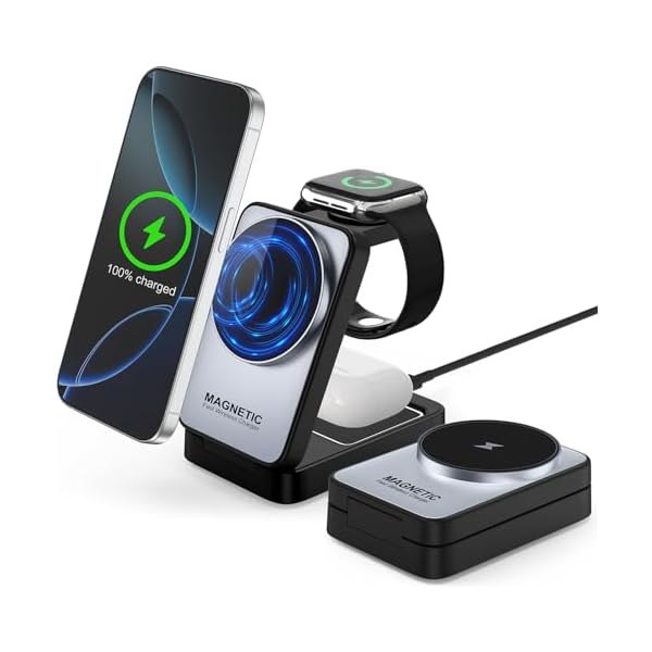 3 in 1 Wireless Charging Station for Apple Devices,Portable Foldable Magnetic Multiple Fast Charger Stand,Wireless Charger MagSafe for iPhone 17 16 15 14 13 12 11 Pro Max Air Plus/Apple Watch/Airpods