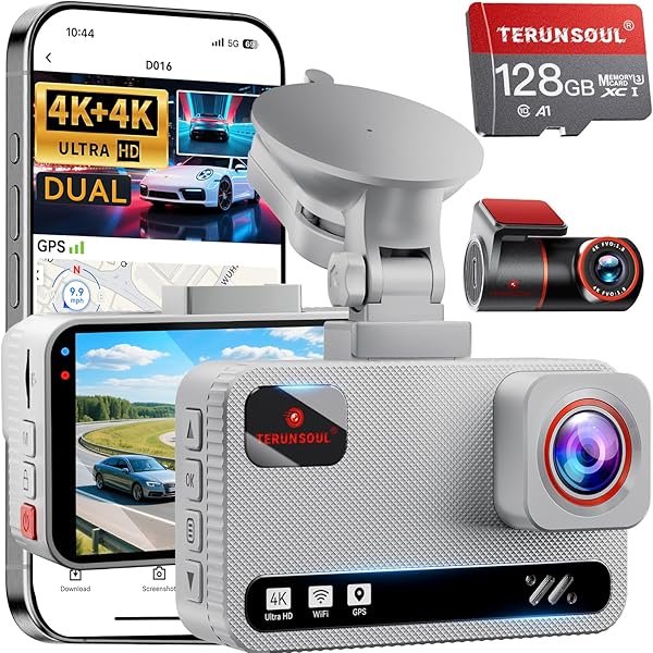4K+4K Dash Cam Front and Rear, Free 128GB Card Included, 5.8GHz WiFi Dash Camera for Cars, Built-in GPS, G-Sensor, 170°Wide Angle, 3" IPS Screen, 24H Parking Mode, Support 512GB Max