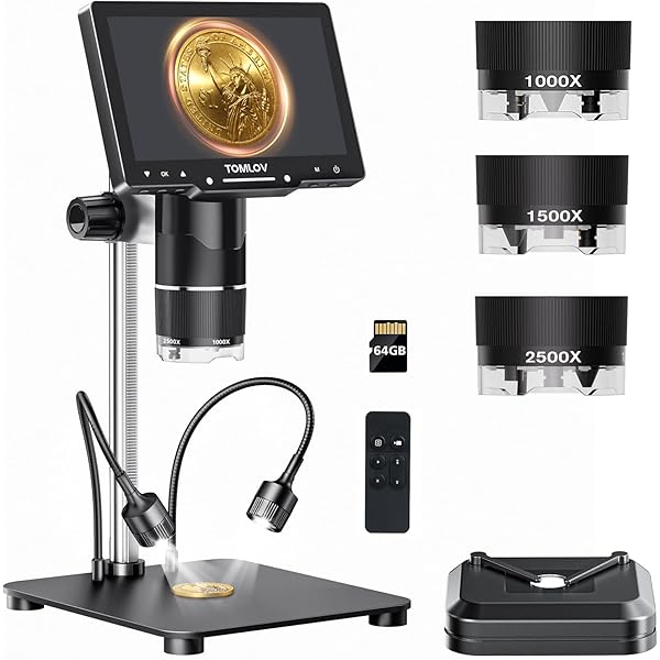 TOMLOV TriL107 3-Lens Digital Microscope: 7" 2500X 2K HDMI Coin Microscope Magnifier for Whole Coin View with IPS Screen, LCD Soldering Microscopes for Adults, 14 LED Lights, PC/TV Compatible, 64GB