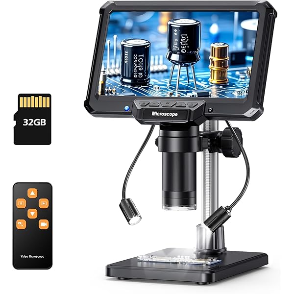 Digital Microscope 7-Inch IPS Screen - 10X-1200X Magnification, 2 Gooseneck Lights, 32GB SD Card, Remote Control & Adjustable Stand