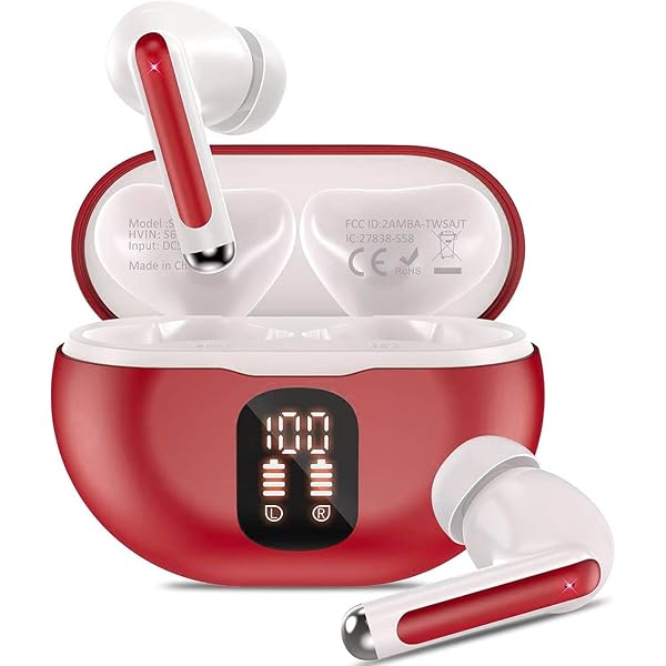 Wireless Earbuds 50H Playback LED Power Display Earphones with Wireless Charging Case, red