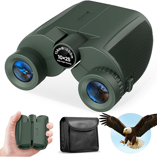 Leacco 10x25 Compact Binoculars for Adults and Kids, Large View Waterproof Small Binoculars with Low Light Vision BAK4 Prism FMC Lens for Cruise Ship Bird Watching Travel Hunting, Military Green