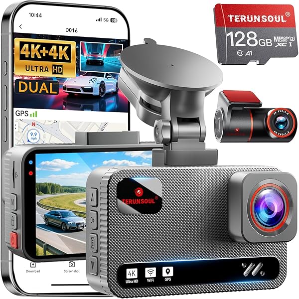 4K+4K Dash Cam Front and Rear, Free 128GB Card Included, 5.8GHz WiFi Dash Camera for Cars, Built-in GPS, G-Sensor, 170°Wide Angle, 3" IPS Screen, 24H Parking Mode, Support 512GB Max