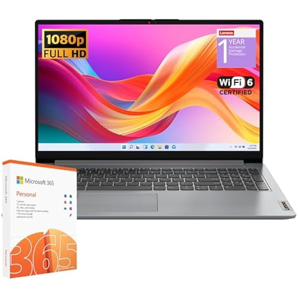 Lenovo IdeaPad 1 Student Laptop, Intel Dual Core Processor, 12GB RAM, 256GB SSD + 128GB eMMC, 15.6" FHD Display, 1 Year Office 365, W11H, Wi-Fi 6, SD Card Reader, Grey, Additional 1 Yr ADP