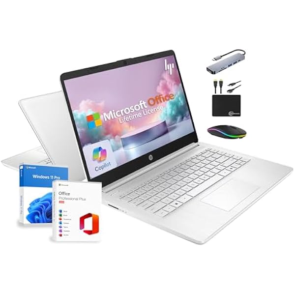 HP 14" Laptop 2025 Business Student Slim Computer, Lifetime MS Office, Copilot AI, Quad-Core Intel CPU, 16GB RAM, 628GB Storage (128GB UFS+500GB Ext), MarxsolAccessory, Wi-Fi 6, Win 11 Pro, Silver