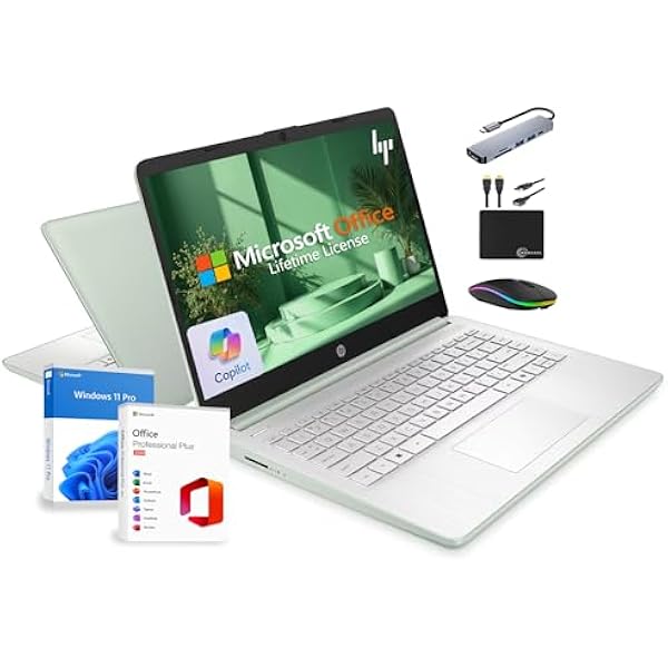 HP 14" Laptop 2025 Business Student Slim Computer, Lifetime MS Office, Copilot AI, Quad-Core Intel CPU, 16GB RAM, 628GB Storage (128GB UFS+500GB Ext), MarxsolAccessory, Wi-Fi 6, Win 11 Pro, Green