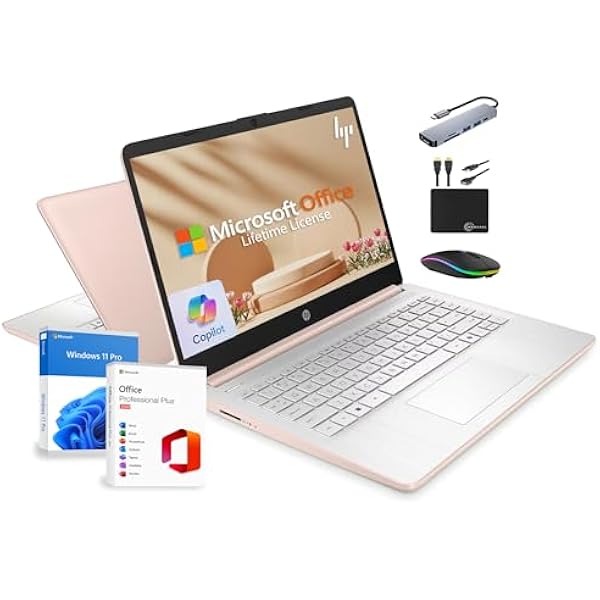 HP 14" Laptop 2025 Business Student Slim Computer, Lifetime MS Office, Copilot AI, Quad-Core Intel CPU, 16GB RAM, 628GB Storage (128GB UFS+500GB Ext), MarxsolAccessory, Wi-Fi 6, Win 11 Pro, Rose Gold