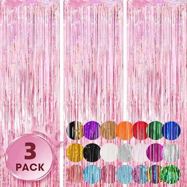3 Pack 3.3x8.2 Feet Laser Pink Foil Fringe Backdrop Curtains, Tinsel Streamers Birthday Party Decorations, Fringe Backdrop for Graduation, Baby Shower, Gender Reveal, Disco Party
