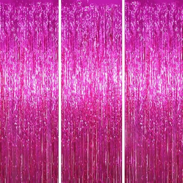 3 Pack 3.3x8.2 Feet Pink Foil Fringe Backdrop Curtains, Tinsel Streamers Birthday Party Decorations, Fringe Backdrop for Graduation, Baby Shower, Gender Reveal, Disco Party