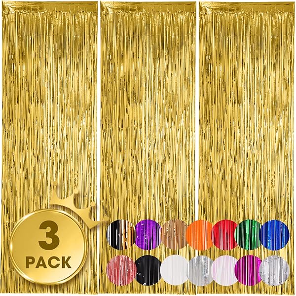 3 Pack 3.3x8.2 Feet Gold Foil Fringe Backdrop Curtains, Tinsel Streamers, Fringe Backdrop for 2025 New Years Eve, Graduation, Birthday, Baby Shower, Gender Reveal, Disco Party