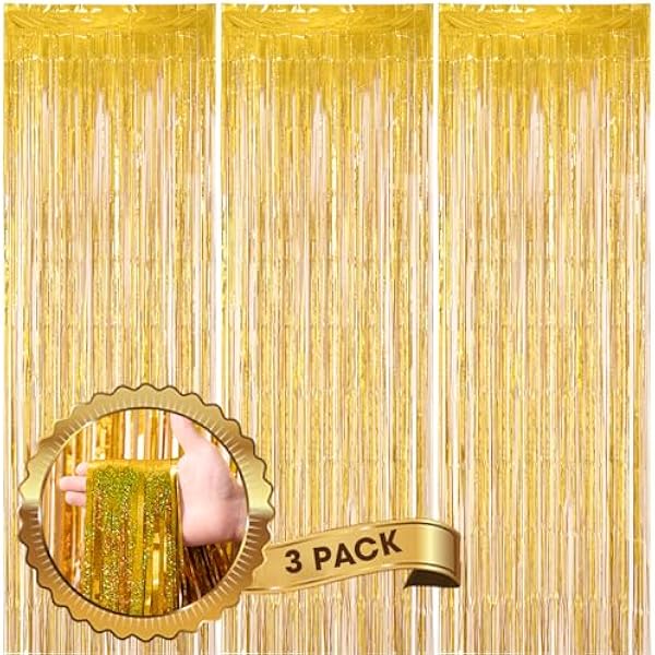3 Pack 3.3 x 8.2 ft Laser Gold Foil Fringe Backdrop Curtains, Tinsel Streamers Birthday Party Decorations, Fringe Backdrop for Graduation, Baby Shower, Gender Reveal, Disco Party