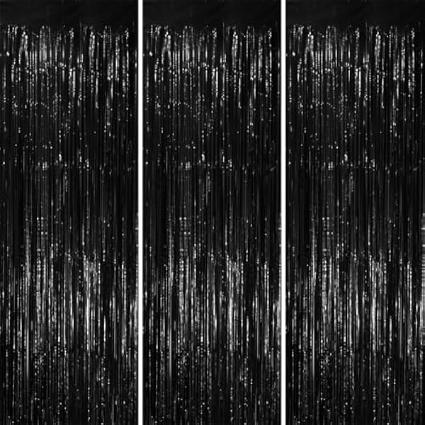 3 Pack 3.3x8.2 Feet Black Foil Fringe Backdrop Curtains, Tinsel Streamers Birthday Party Decorations, Fringe Backdrop for Graduation, New Years, Halloween, Disco Party
