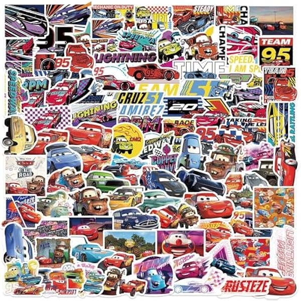 100Pcs Cars Stickers Cool Disney Cartoon Movie Stickers, Vinyl Waterproof Sports Car Sticker for Laptop, Guitar, Water Bottle, Birthday Gifts for Girls, Kids, Teens (100Car)