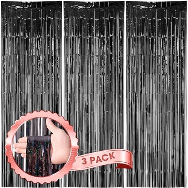 3 Pack 3.3 x 8.2 ft Laser Black Foil Fringe Backdrop Curtains, Tinsel Streamers Birthday Party Decorations, Fringe Backdrop for Graduation, Baby Shower, Gender Reveal, Disco Party