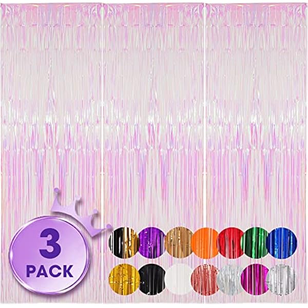 3 Pack 3.3x8.2 Feet Iridescent Transparent Foil Fringe Backdrop Curtains, Tinsel Streamers Birthday Party Decorations, Fringe Backdrop for Graduation Baby Shower Gender Reveal Disco Party