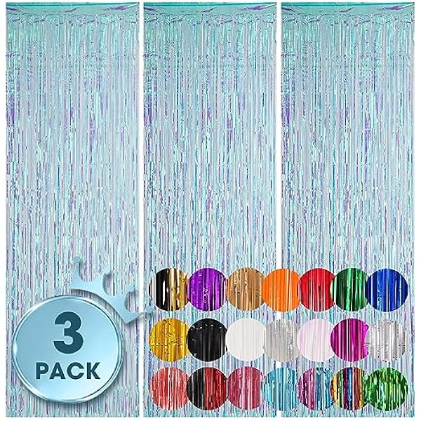 3 Pack 3.3x8.2 Feet Neon Iridescent Foil Fringe Backdrop Curtains, Tinsel Streamers Birthday Party Decorations, Fringe Backdrop for Graduation, Baby Shower, Gender Reveal, Disco Party