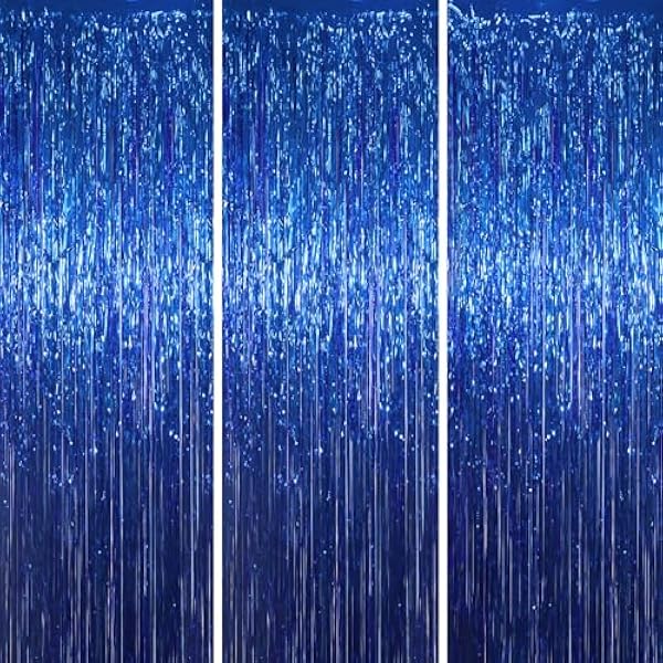 3 Pack 3.3x8.2 Feet Blue Foil Fringe Backdrop Curtains, Tinsel Streamers Birthday Party Decorations, Fringe Backdrop for Graduation, Baby Shower, Gender Reveal, Disco Party