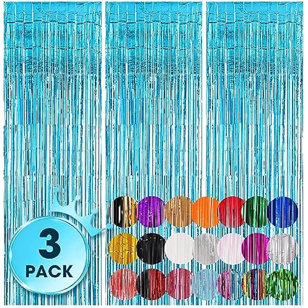 3 Pack 3.3x8.2 Feet Light Blue Foil Fringe Backdrop Curtains, Tinsel Streamers Birthday Party Decorations, Fringe Backdrop for Graduation, Baby Shower, Gender Reveal, Disco Party