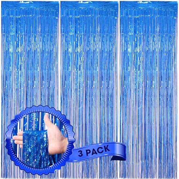 3 Pack 3.3 x 8.2 ft Laser Blue Foil Fringe Backdrop Curtains, Tinsel Streamers Birthday Party Decorations, Fringe Backdrop for Graduation, Baby Shower, Gender Reveal, Disco Party