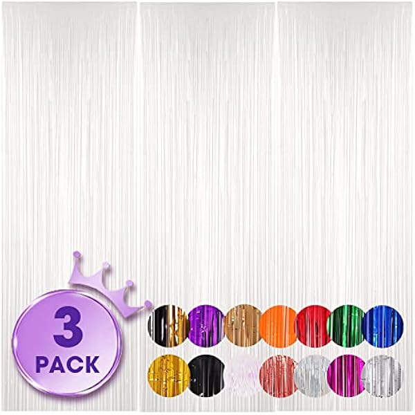 3 Pack 3.3x8.2 Feet White Foil Fringe Backdrop Curtains, Tinsel Streamers Birthday Party Decorations, Fringe Backdrop for Graduation, Baby Shower, Gender Reveal, Disco Party