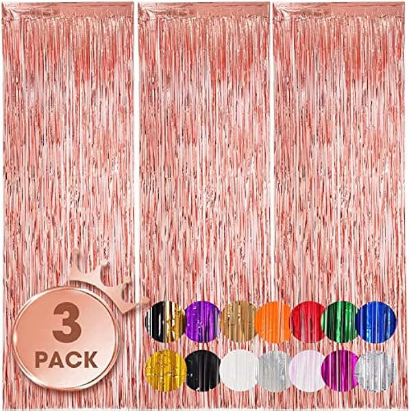 3 Pack 3.3x8.2 Feet Rose Gold Foil Fringe Backdrop Curtains, Tinsel Streamers Birthday Party Decorations, Fringe Backdrop for Graduation, Baby Shower, Gender Reveal, Disco Party
