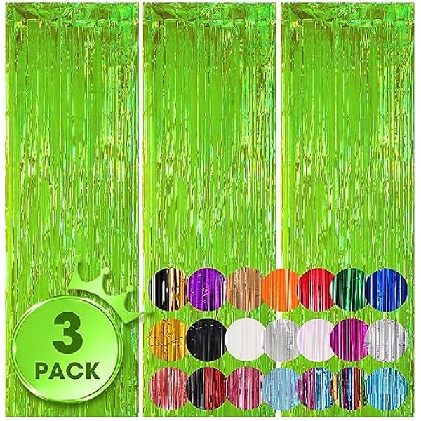 3 Pack 3.3x8.2 Feet Neon Green Foil Fringe Backdrop Curtains, Tinsel Streamers Birthday Party Decorations, Fringe Backdrop for Graduation, Baby Shower, Gender Reveal, Disco Party