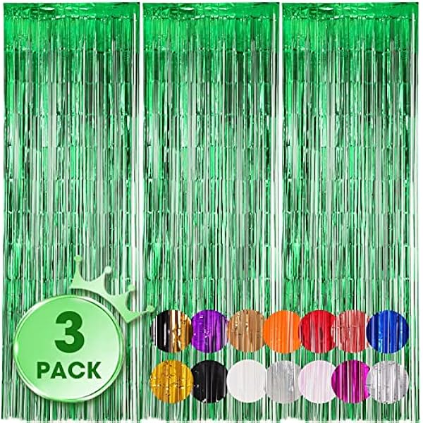3 Pack 3.3x8.2 Feet Green Foil Fringe Backdrop Curtains, Tinsel Streamers Birthday Party Decorations, Fringe Backdrop for Graduation, Baby Shower, Gender Reveal, Disco Party