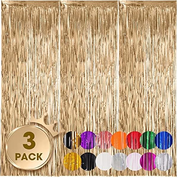 3 Pack 3.3x8.2 Feet Champagne Foil Fringe Backdrop Curtains, Tinsel Streamers Birthday Party Decorations, Fringe Backdrop for Graduation, Baby Shower, Gender Reveal, Disco Party