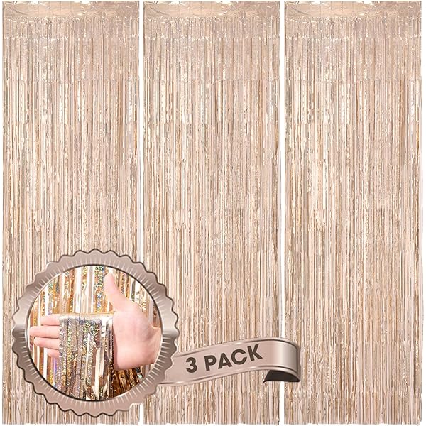 3 Pack 3.3 x 8.2 ft Laser Champagne Foil Fringe Backdrop Curtains, Tinsel Streamers Birthday Party Decorations, Fringe Backdrop for Graduation, Baby Shower, Gender Reveal, Disco Party
