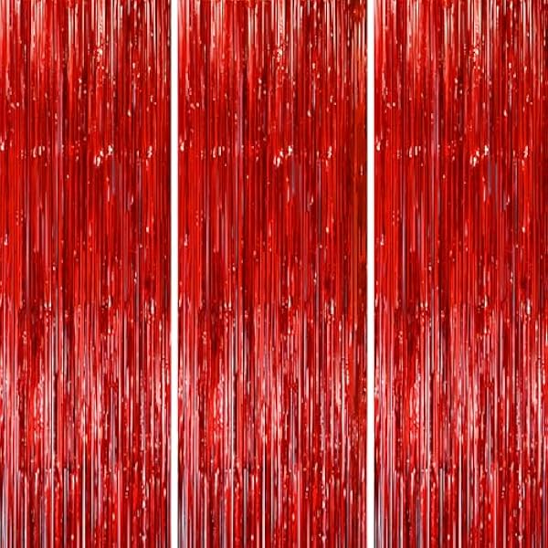 3 Pack 3.3x8.2 Feet Red Foil Fringe Backdrop Curtains, Tinsel Streamers Birthday Party Decorations, Fringe Backdrop for Graduation, Baby Shower, Gender Reveal, Disco Party