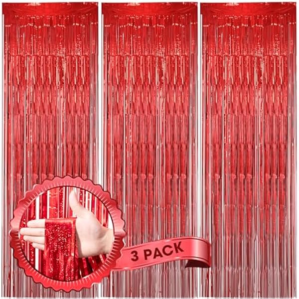 3 Pack 3.3 x 8.2 ft Laser Red Foil Fringe Backdrop Curtains, Tinsel Streamers Birthday Party Decorations, Fringe Backdrop for Graduation, Baby Shower, Gender Reveal, Disco Party