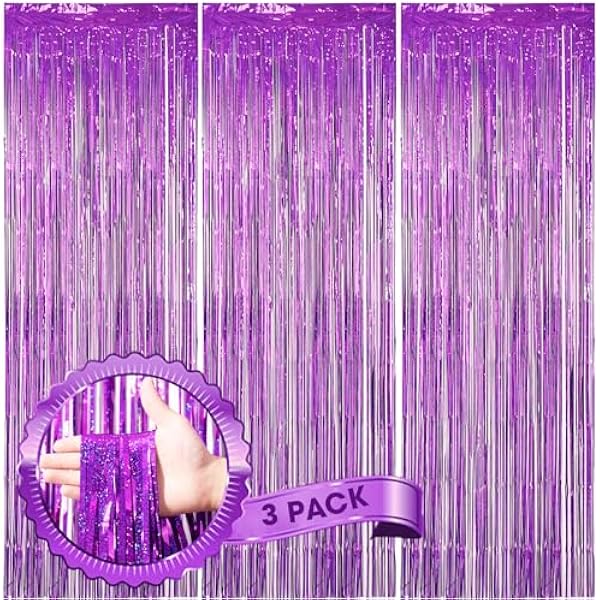 3 Pack 3.3 x 8.2 ft Laser Purple Foil Fringe Backdrop Curtains, Tinsel Streamers Birthday Party Decorations, Fringe Backdrop for Graduation, Baby Shower, Gender Reveal, Disco Party