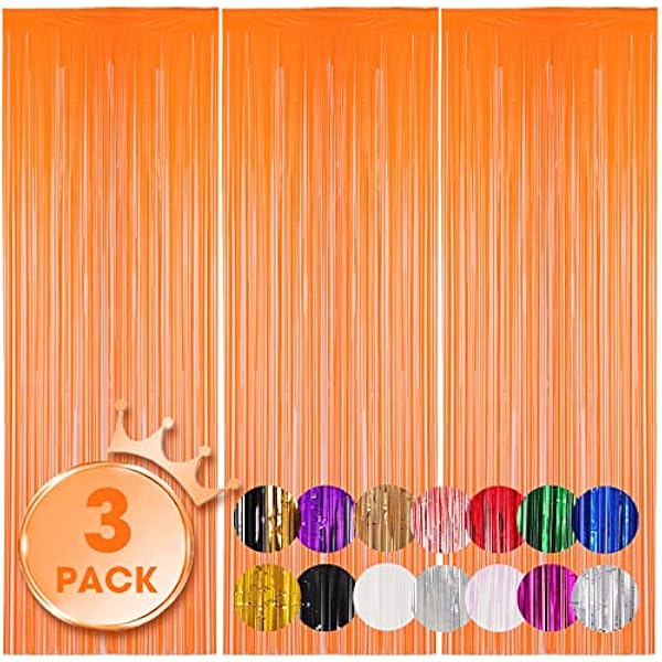 3 Pack 3.3x8.2 Feet Orange Foil Fringe Backdrop Curtains, Tinsel Streamers Birthday Party Decorations, Fringe Backdrop for Graduation, Baby Shower, Gender Reveal, Disco Party