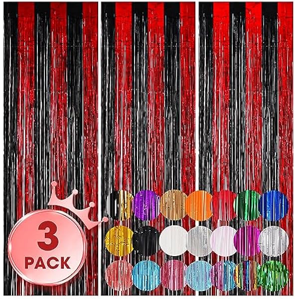 3 Pack 3.3x8.2 Feet Red and Black Foil Fringe Backdrop Curtains, Tinsel Streamers Birthday Party Decorations, Fringe Backdrop for Graduation, Casino, Red Carpet, Halloween Party