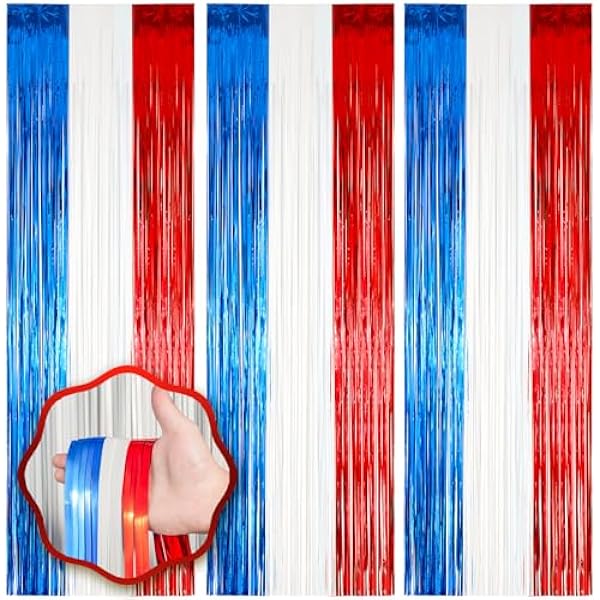 3 Pack 3.3 x 8.2 ft Red White and Blue Foil Fringe Backdrop Curtains, Tinsel Streamers Party Decorations, Fringe Backdrop for Patriotic, Memorial Day, 4th of July, Independence Day