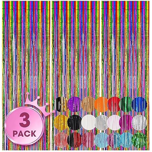 3 Pack 3.3x8.2 Feet Rainbow Foil Fringe Backdrop Curtains, Tinsel Streamers Birthday Party Decorations, Fringe Backdrop for Graduation, Baby Shower, Gender Reveal, Disco Party