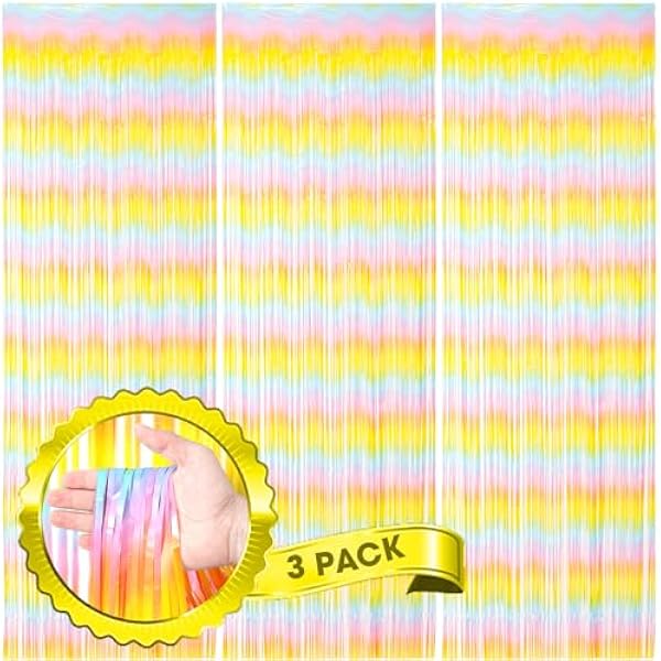 3 Pack 3.3 x 8.2 ft Pastel Rainbow Foil Fringe Backdrop Curtains, Tinsel Streamers Birthday Party Decorations, Fringe Backdrop for Graduation, Baby Shower, Gender Reveal, Disco Party