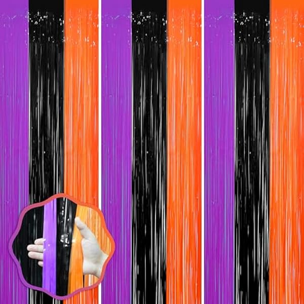 3 Pack 3.3 x 8.2 ft Halloween Foil Fringe Backdrop Curtains, Tinsel Streamers Party Decorations, Fringe Backdrop