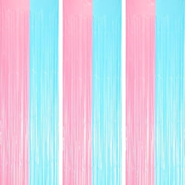 3 Pack 3.3 x 8.2 ft Pastel Blue and Pink Foil Fringe Backdrop Curtains, Tinsel Streamers Party Decorations, Fringe Backdrop for Grender Reveal, Baby Shower, Birthday Party